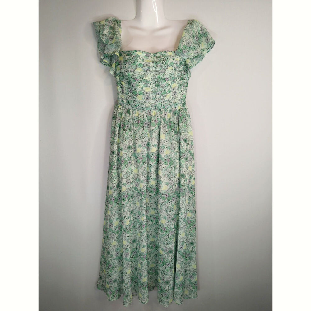 Green Floral Fit‎ & Flare Midi Dress Women S Smocked Flutter Sleeve Boho Prairie